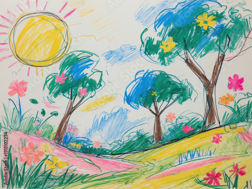Colorful child's drawing of a blooming spring garden with pink and yellow trees under a blue sky. Bright hand-drawn landscape features green hills, wildflowers, and fluffy white clouds.
