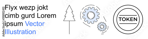 Branding, technology, conceptual art, corporate identity, industry, logo design. Minimal tree, hand-drawn gears token symbol. Branding and technology concept showing streamlined elements