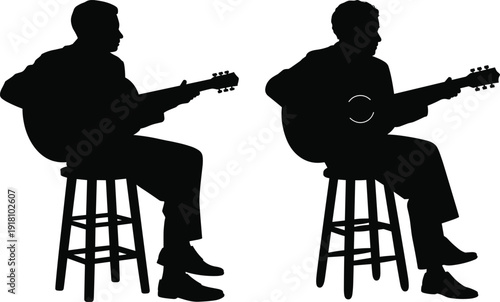 Black silhouette vector of two men sitting on stools playing acoustic guitars isolated on white background for music performance and hobby design