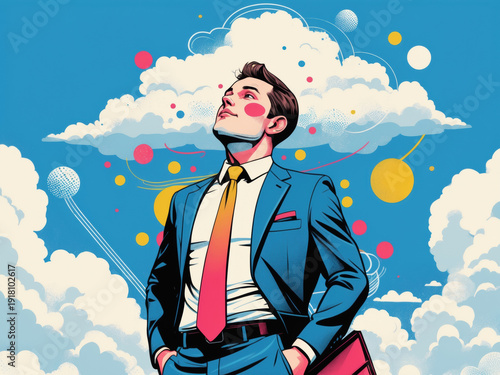 Successful businessman in a blue suit looks up dreamily against a sky filled. Stylish pop art illustration captures concepts of career growth, future vision, and professional ambition.