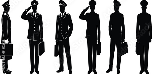 Black silhouette vector illustrations set of military officers in uniform saluting standing and holding briefcases isolated on a white background for design