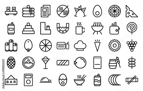 Comprehensive food and beverage icon collection featuring heavyweight vector pictograms of sushi, pancakes, pizza, cheese, coffee, grapes, and noodles in a thick outline style.