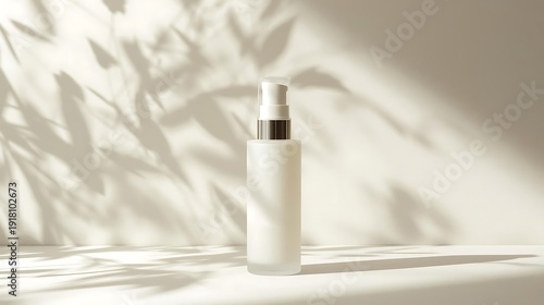 White cosmetic bottle with pump dispenser on a light surface with leaf shadows in the background