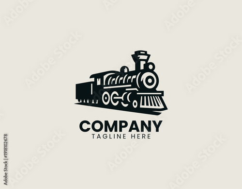 Vintage steam locomotive train with chimney and wheels black vector logo illustration white background