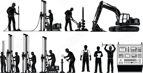Black and white vector silhouette set of construction workers, heavy drilling machinery, hydraulic excavators, industrial engineers, and professional drilling equipment.