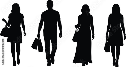 Black silhouette of a diverse group of four people walking together while carrying shopping bags against a clean white background.