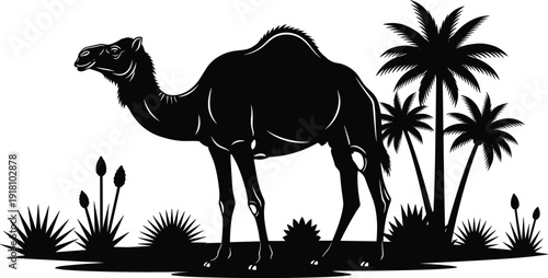 Camel silhouette with palm trees, desert landscape vector illustration, middle eastern safari, dromedary animal, oasis nature, tourism, travel, exotic wildlife.