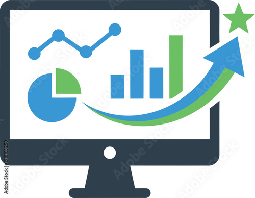 Computer monitor displaying blue and green business graphs and charts data analysis d