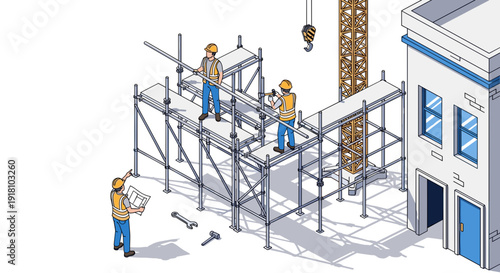 Construction Workers Building Scaffolding Around Building.