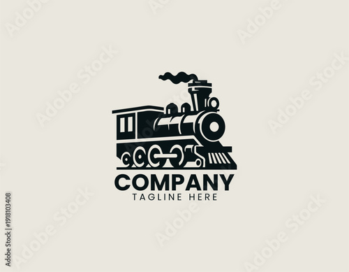 Vintage steam locomotive train with chimney and wheels black vector logo illustration white background