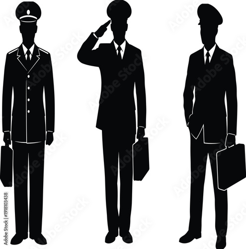 Silhouette illustration of three uniformed men with briefcases and peaked caps, one saluting, symbolizing military, pilot, official duty, respect, and authority