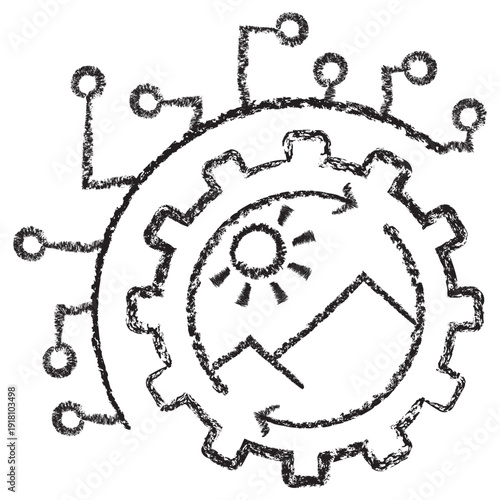 Vector icon of an image frame with a sun and mountains inside a gear with circuit lines. Dark brown charcoal sketch on transparent background. Generative AI for image processing and creation