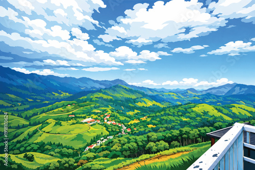 Vibrant vector landscape of rolling green hills and mountain valley village under a blue sky with fluffy white clouds. Scenic countryside nature background illustration in a clean professional style.