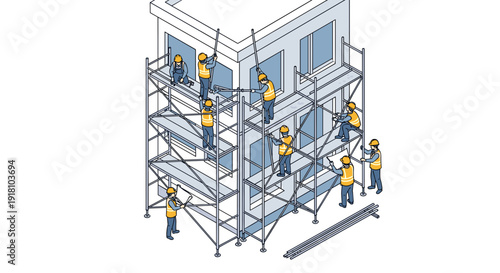 Construction Workers on Scaffolding Building Site.