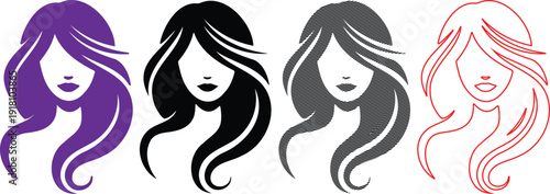 Four stylized woman face illustrations with different colored hair on white background