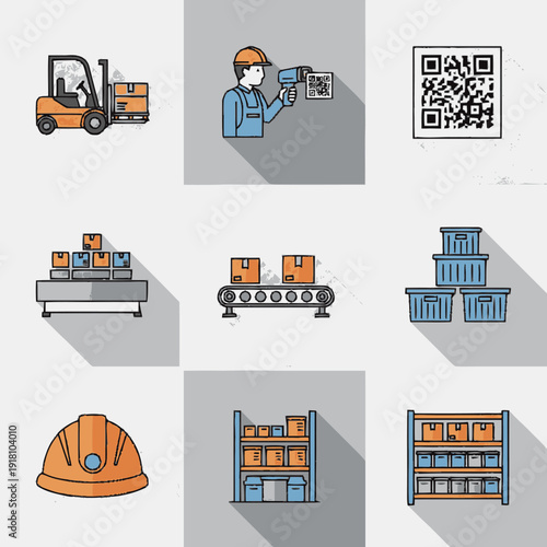 Warehouse Icons Featuring Equipment and Supplies.