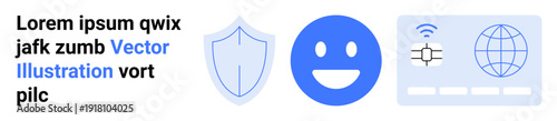 Cybersecurity, online communication, data protection, identity verification, technology, internet security. A shield, happy face and network card symbol. Cybersecurity and online communication