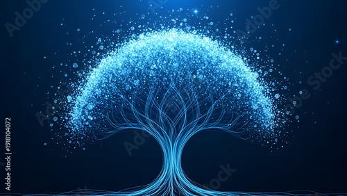 Glowing Blue Tree with Sparkling Particles on Dark Background