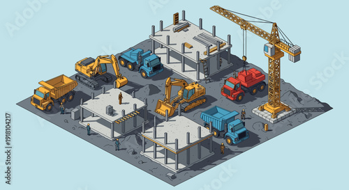 Isometric Construction Site with Crane and Vehicles.