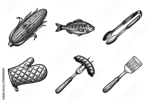 Vintage woodcut style collection of barbecue and grilling elements including corn fish sausage and kitchen tools