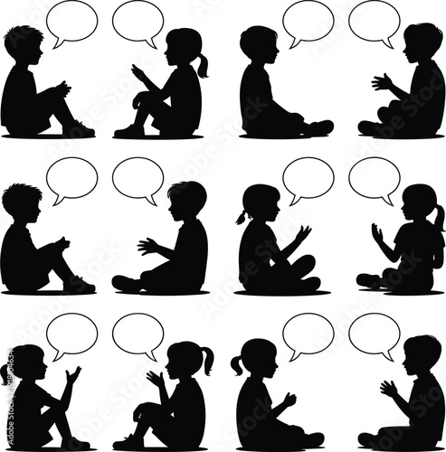 Silhouette of twelve children sitting in pairs with speech bubbles vector illustration, communication dialogue social interaction concept isolated background