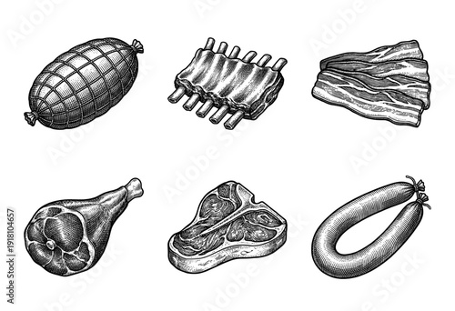 Vintage woodcut style collection of assorted meat cuts including steak ribs bacon ham and sausage engravings