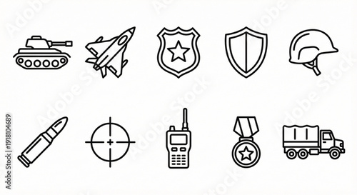 Military and Defense Line Icon Set – Army Equipment, Security and War Symbols Isolated