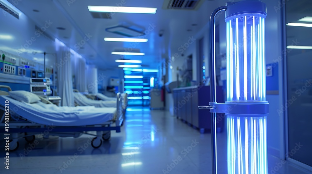 Obraz premium Hospital hallway glows with intense blue ultraviolet light from a sterilization lamp near patient beds.
