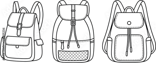Mega collection of nine technical backpack vector sketches featuring drawstring closures, strap buckle details, mesh panels, and utility pockets for fashion design and apparel production.