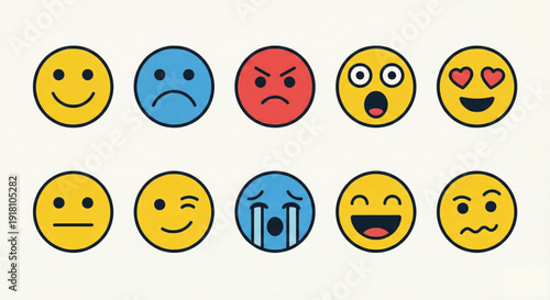 Colorful Emoji Reaction Icon Set – Modern Emotion Faces for Chat, Social Media and Apps