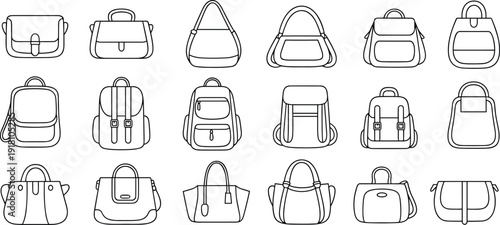 Mega collection of eighteen technical bag sketches featuring backpacks, tote bags, and handbags with drawstring closures, buckles, mesh panels, and utility pockets for fashion design.