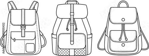 Collection of three fashion backpack technical sketches featuring drawstring closures, strap buckle details, front utility pockets, and mesh panels for apparel design and manufacturing templates.