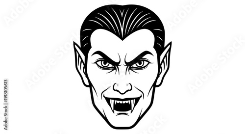 Vampire face vector illustration, sharp fangs, intense eyes, slicked hair, bold black outlines, monochrome flat design, white background, Halloween concept, scalable SVG style