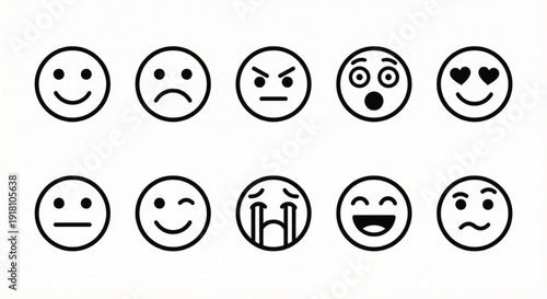 Minimal Emoji Faces Icon Set - Line Style Emotion and Reaction Symbols Isolated on White