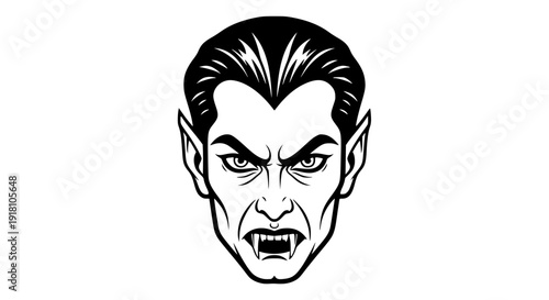 Vampire face vector illustration, sharp fangs, intense eyes, slicked hair, bold black outlines, monochrome flat design, white background, Halloween concept, scalable SVG style