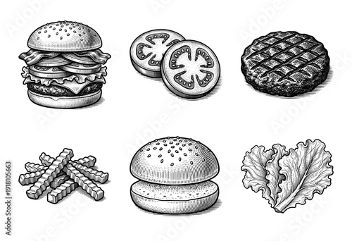 Vintage engraving style collection of burger ingredients and fast food elements featuring a cheeseburger crinkle cut fries beef patty sesame bun tomatoes and lettuce