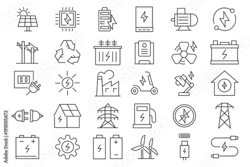 Electricity icons set. Electricity icons set representing power, energy supply, electric systems, voltage, wiring, battery and infrastructure. Editable stroke. Line icons. Perfect for infographics.
