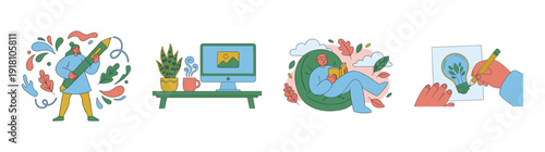 Flat Vector Creative Process and Workspace Element Kit for Digital Professional Lifestyle Graphic Set