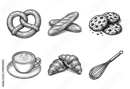 Bakery and cafe illustration collection featuring hand drawn vintage engraving style sketches of bread, pastries, coffee, and kitchen tools.