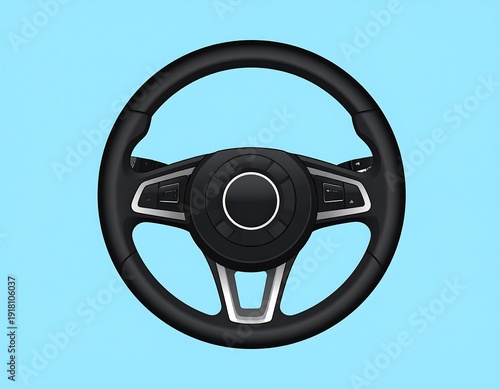Black steering wheel with silver accents, isolated on a light blue background, showcasing vehicle controls