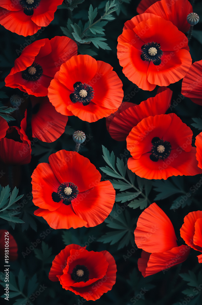 Obraz premium Vertical background of a red poppy flower field. Floral pattern of wild poppies in a summer meadow. Nature wallpaper