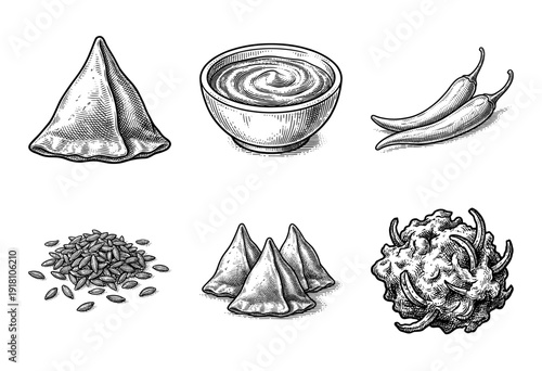 Vintage engraving set of Indian appetizers featuring samosas, chutney dipping sauce, chili peppers, cumin seeds, and fried pakora snack on a white background.