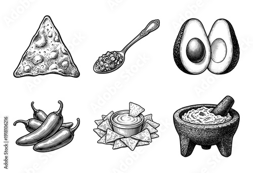 Vintage engraving style collection of guacamole ingredients and mexican snacks featuring avocados chili peppers tortilla chips and stone molcajete