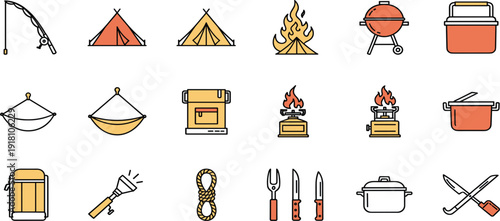 Large collection of flat line camping icons featuring fishing rods bbq grills hammocks tents campfires stoves and cooking equipment for outdoor recreation and summer vacation design.