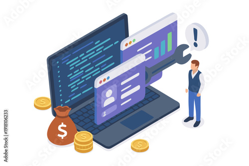 A businessman stands next to a laptop with a large screen displaying financial data and a thought bubble with an exclamation mark