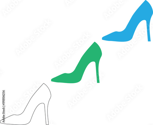 Three high heel shoes in different colors and line styles for fashion design