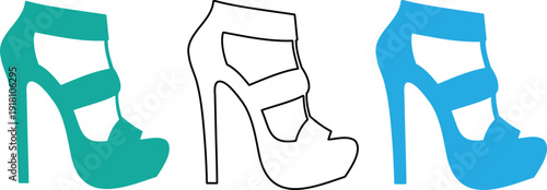 three high heel shoes in different colors isolated on white background