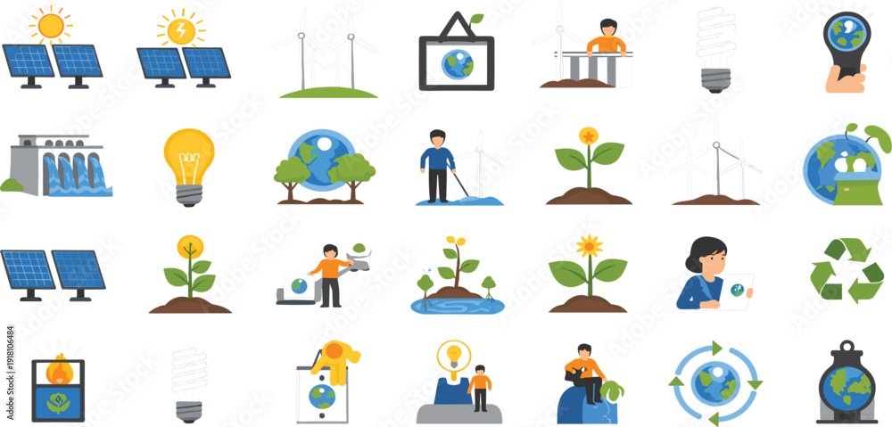 Fototapeta premium Renewable energy icon set with solar panels wind turbines hydropower dam eco light bulbs and people protecting earth for global sustainability