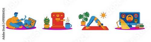 Flat Vector Remote Work and Wellness Graphic Set for Freelance Lifestyle Branding