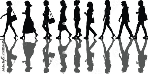 Silhouette vector illustration of women walking with reflections, fashion poses, stylish movement, individuality, mirrored design, black and white art
